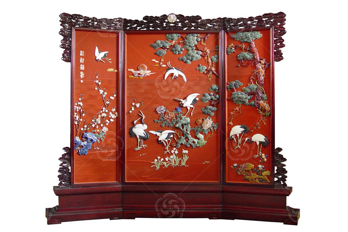 雕漆嵌玉-松齡鶴壽